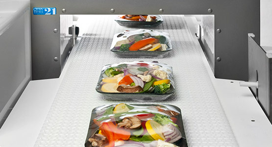 Vegetable trays on CEIA metal detector with conveyor