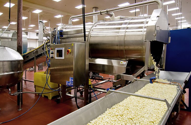 Applying liquid coating and dry seasoning to popcorn