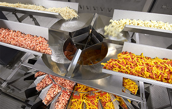 Ishida Multihead Weigher Blending System for shrimp, vegetable, and pasta line