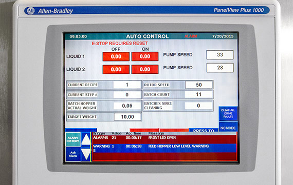 Pantalla de controles para recubrimiento por lotes