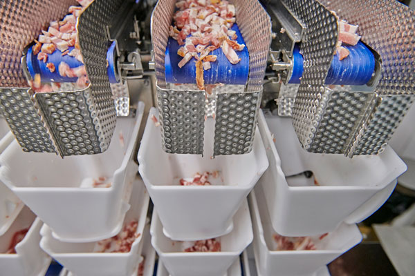 Lardons falling into hoppers