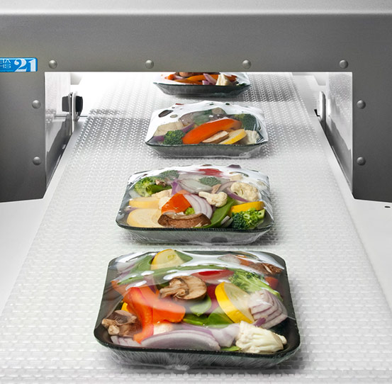 Vegetable trays on CEIA metal detector with conveyor