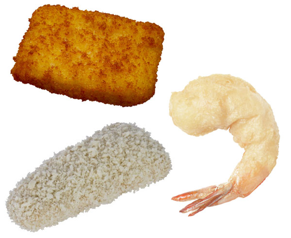 Styles of breaded seafood products