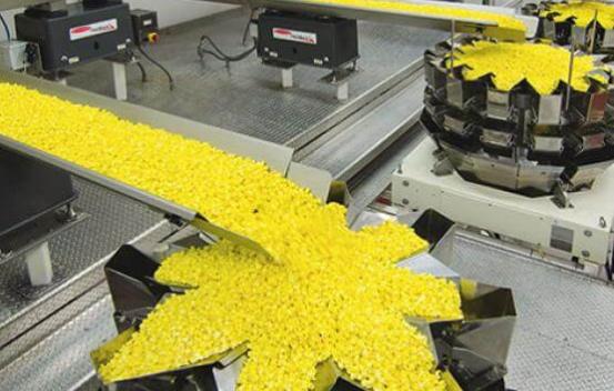 Conveying popcorn to weighing and packaging